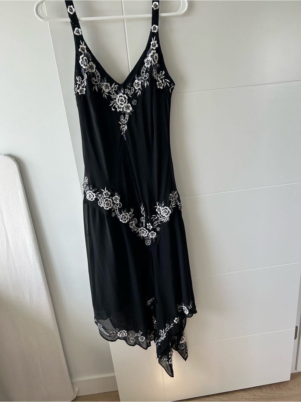 BellΓsima Black V-Neck Floral Embroidered Silky Slip Dress